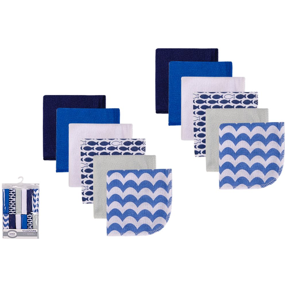 美國 Luvable Friends - 甜蜜寶貝多功能嬰幼兒棉質小方巾/洗澡巾/擦嘴巾12入組(23*23cm)-深藍海洋