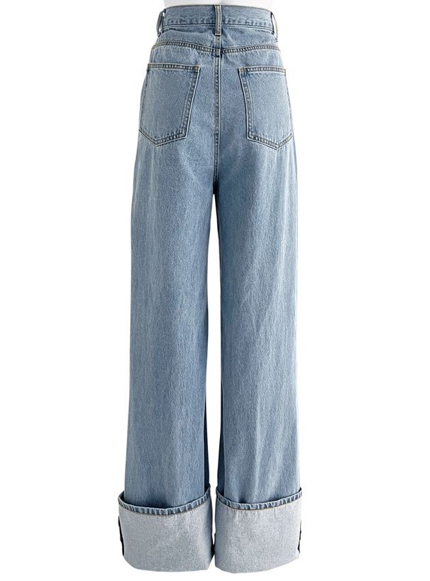 日本 GRL - 復古反折丹寧直筒褲-深藍