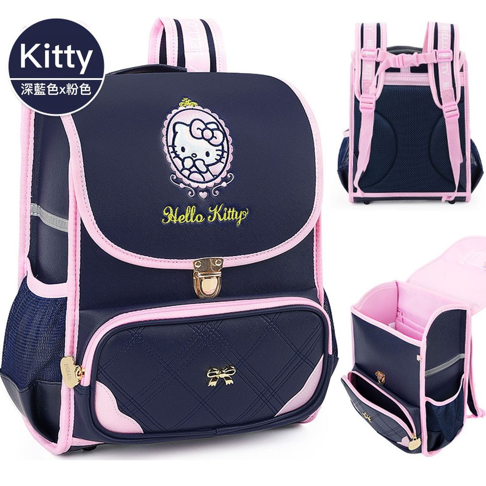 翻蓋式減壓書包-卡通人物Kitty-深藍色x粉色 (建議身高110-140cm)