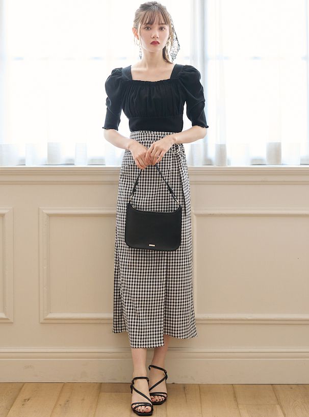 日本 GRL - 優雅後綁帶方領短袖上衣-黑