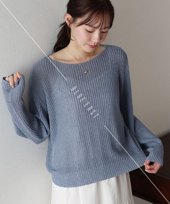 日本 BLUE EAST - 典雅船領閃爍亮片網眼針織上衣-米黃