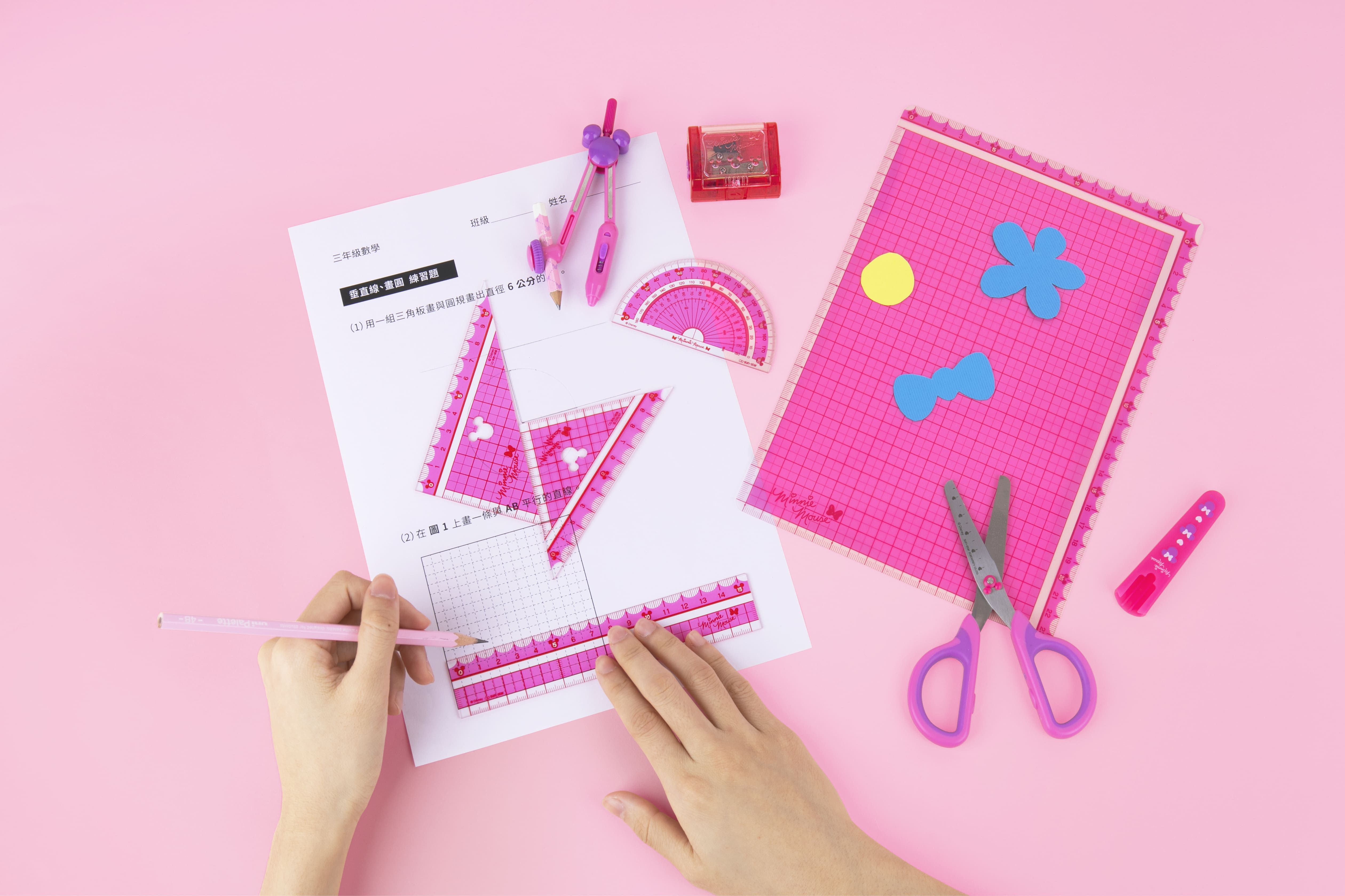 日本 SUN-STAR - 米妮快樂學習尺規組-直尺15公分+三角定規尺10公分+半圓分度器9公分+造型圓規