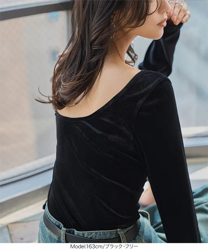 日本 Kobe Lettuce - 華麗天鵝絨露背合身長袖上衣-黑