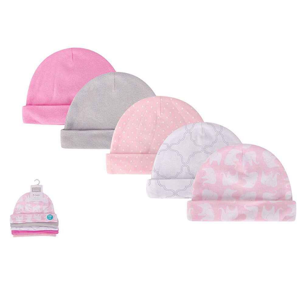 美國 Luvable Friends - 甜蜜寶貝100%純棉新生兒棉帽 保暖帽5件組-粉象點點