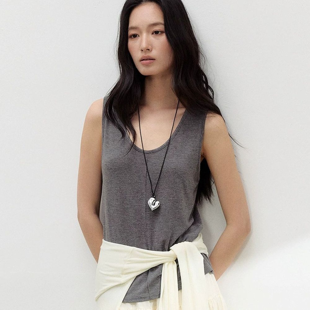 雲感天絲混亞麻中線U領背心-深灰