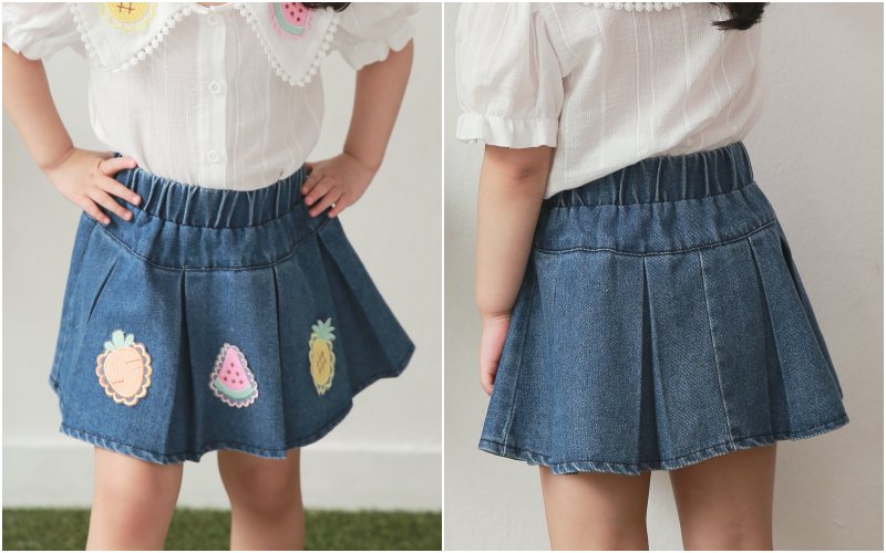 韓國 Coco rabbit - 鬆緊腰刺繡蔬果寬百褶牛仔裙