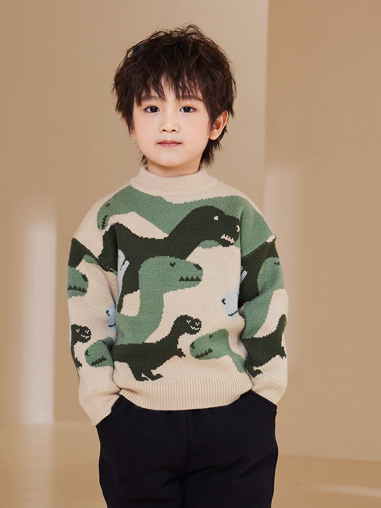 圓領保暖針織長袖上衣/毛衣-恐龍迷彩-綠色