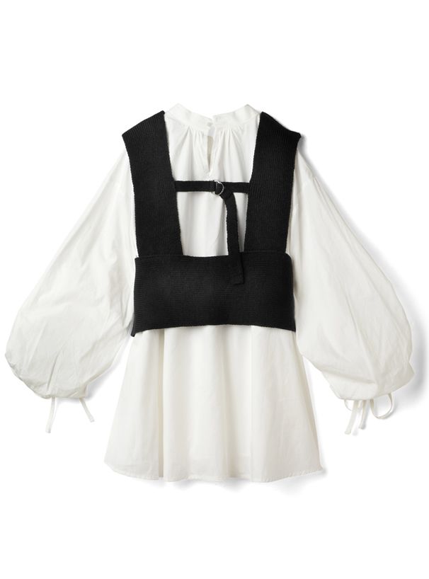 日本 GRL - 抽繩袖設計長袖上衣+針織背心兩件組-黑白