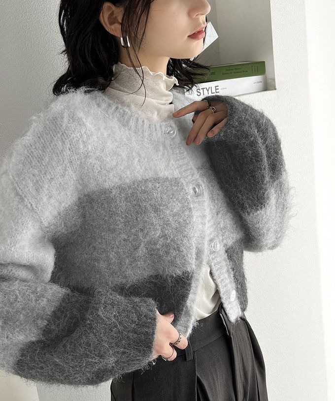 日本 Classical Elf - mily bilet 漸層毛海2way短版開襟衫-藍綠色系