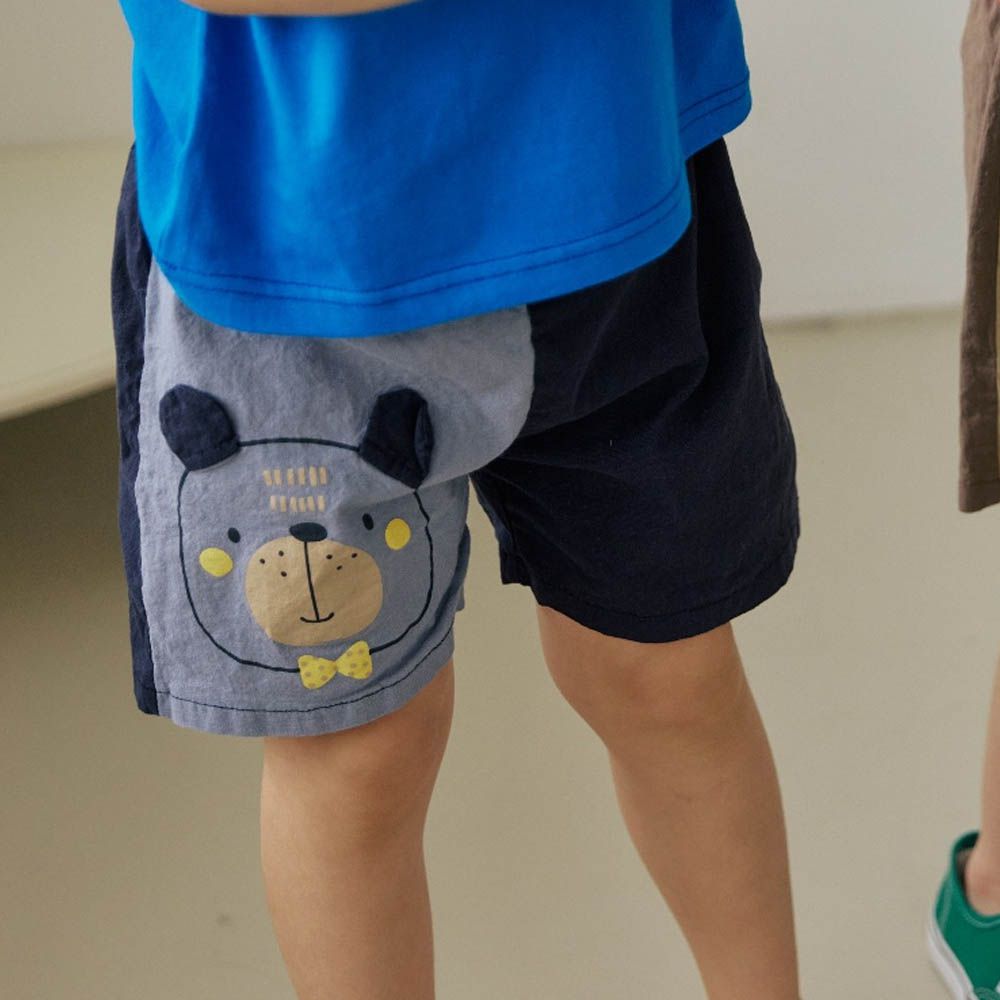 鬆緊腰塗鴉熊熊撞色短褲-灰藍X海軍藍