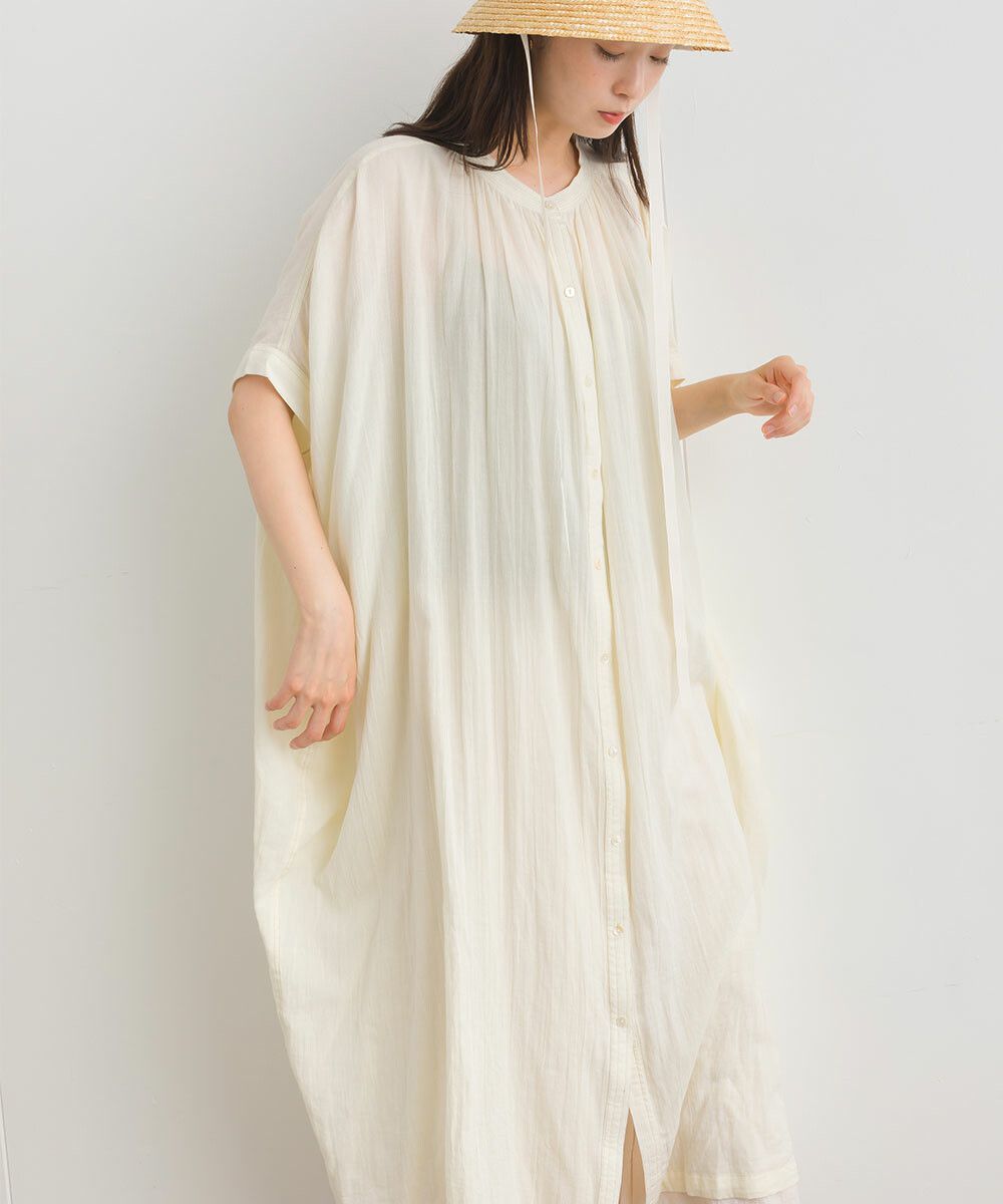 日本女裝代購 - 100%印度棉 文藝感排扣五分袖洋裝-米白