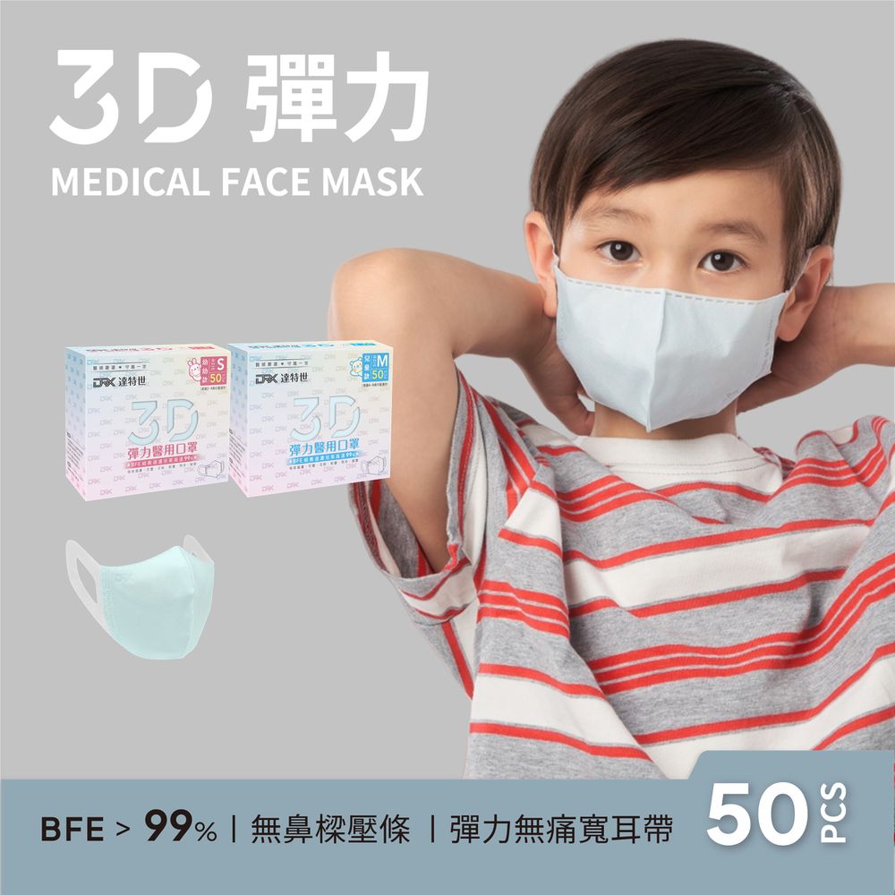 醫用3D彈力口罩（幼幼/兒童）-淺藍-50入
