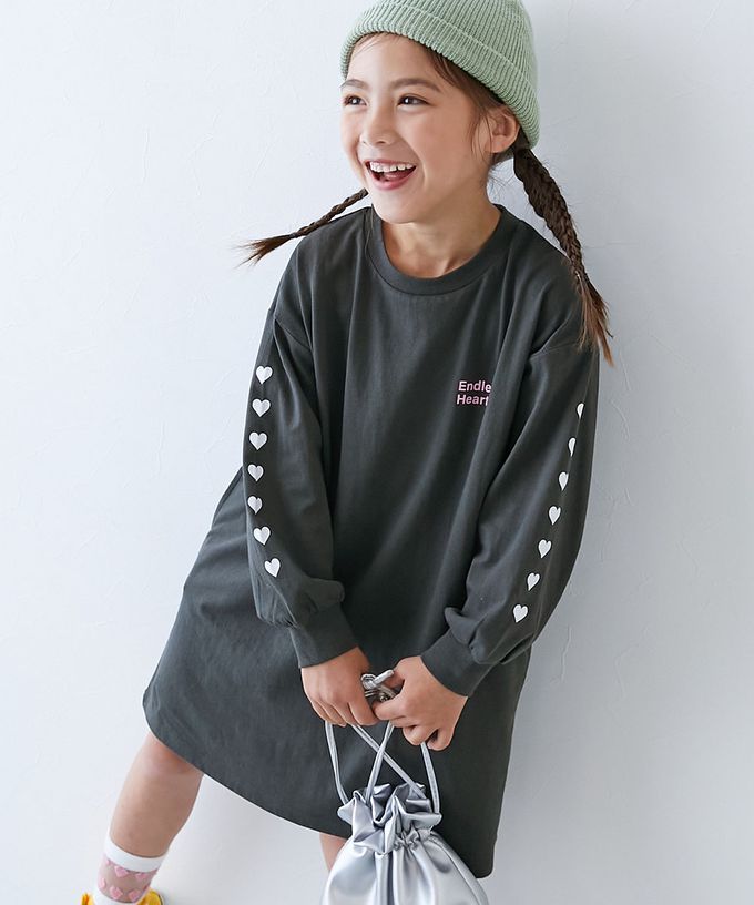 日本 devirock - 100%棉 定番印花休閒長袖洋裝-滿滿愛心-桃粉