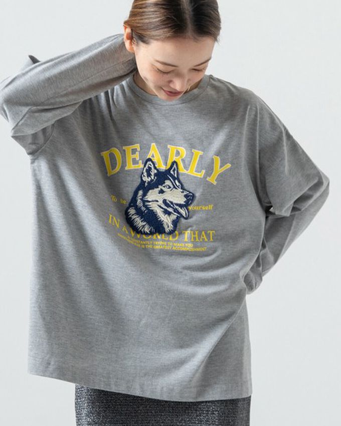 日本 gleam - 相良刺繡哈士奇印花帥氣長袖T恤-海軍藍