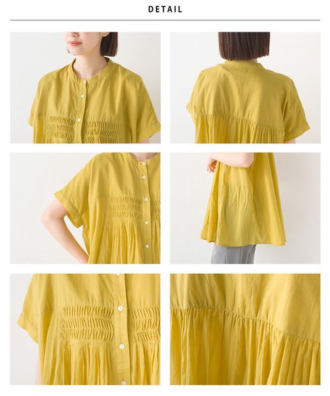 日本 OMNES - 100%印度棉 皺摺傘狀短袖襯衫-寶石藍