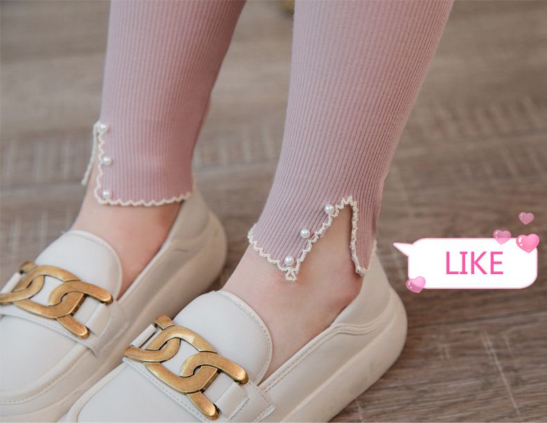 FANMOU - 九分內搭褲-開叉珍珠款-粉色