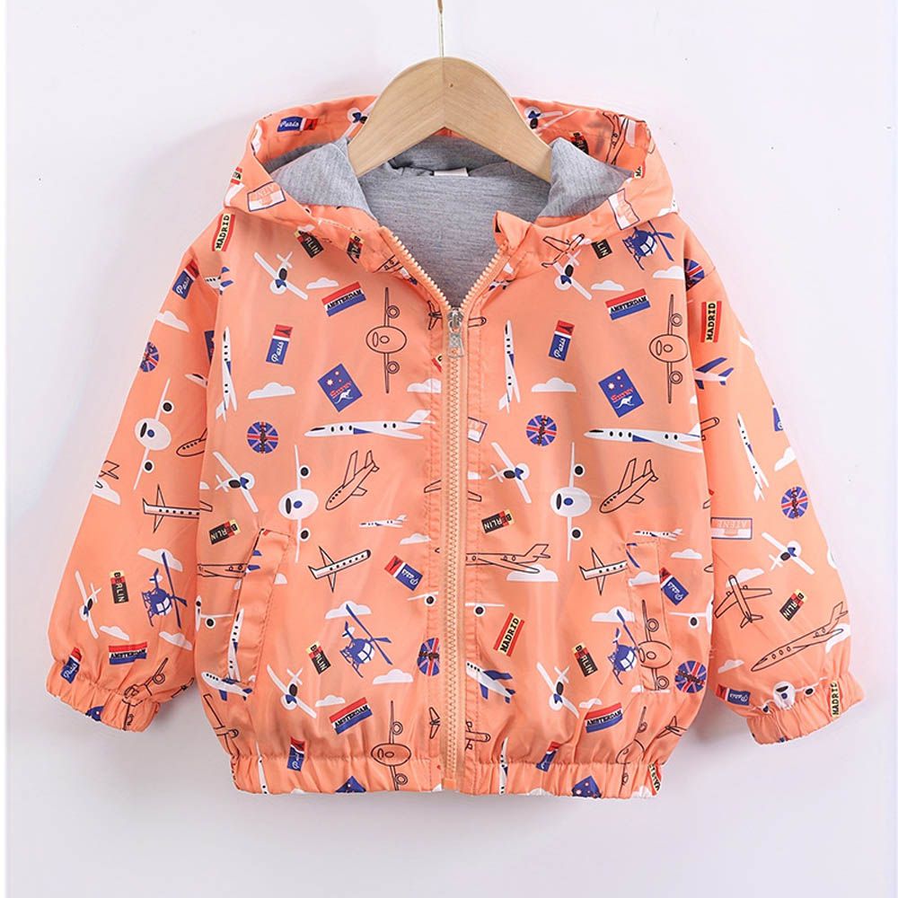 兒童連帽防風外套-翱翔飛機-粉橘色