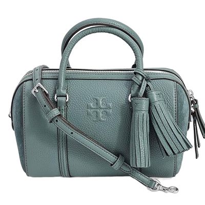 TORY BURCH - 荔枝皮革拼接麂皮流蘇兩用波士頓包 (莫蘭迪綠(背帶兩款可替換))