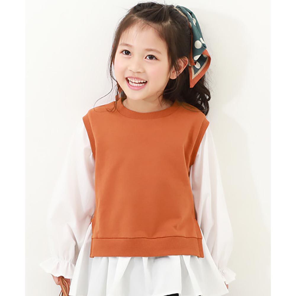 日本 devirock - 俏麗少女傘狀假二件長袖上衣-磚橘