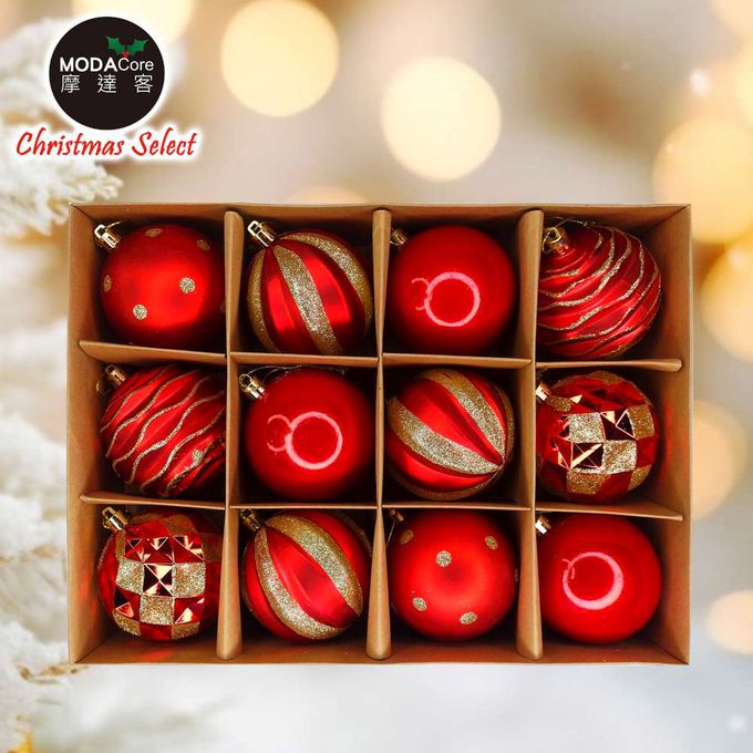 MODACore 摩達客 - 摩達客耶誕-80mm(8CM)彩繪電鍍球12入吊飾組(紅金色系) 聖誕樹裝飾球飾掛飾
