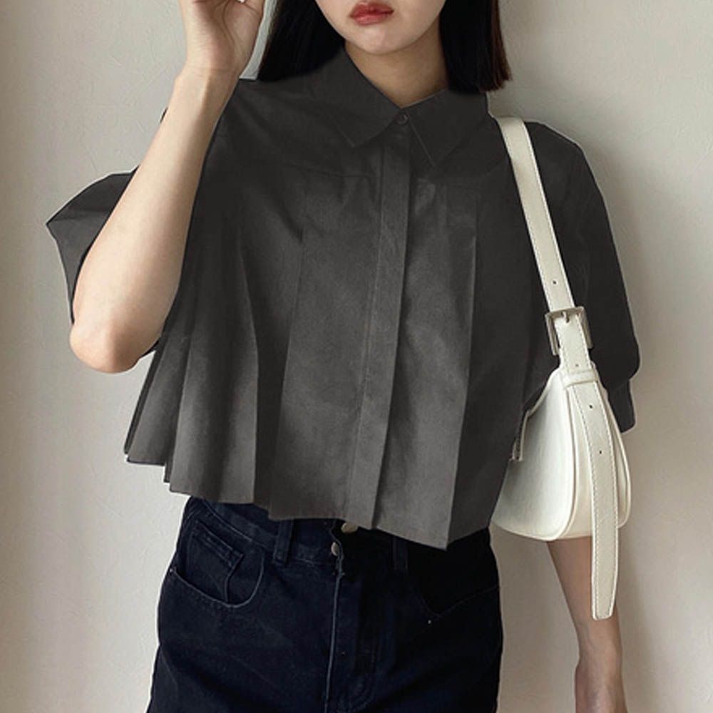 俐落有型皺褶短版襯衫-炭灰 (F)