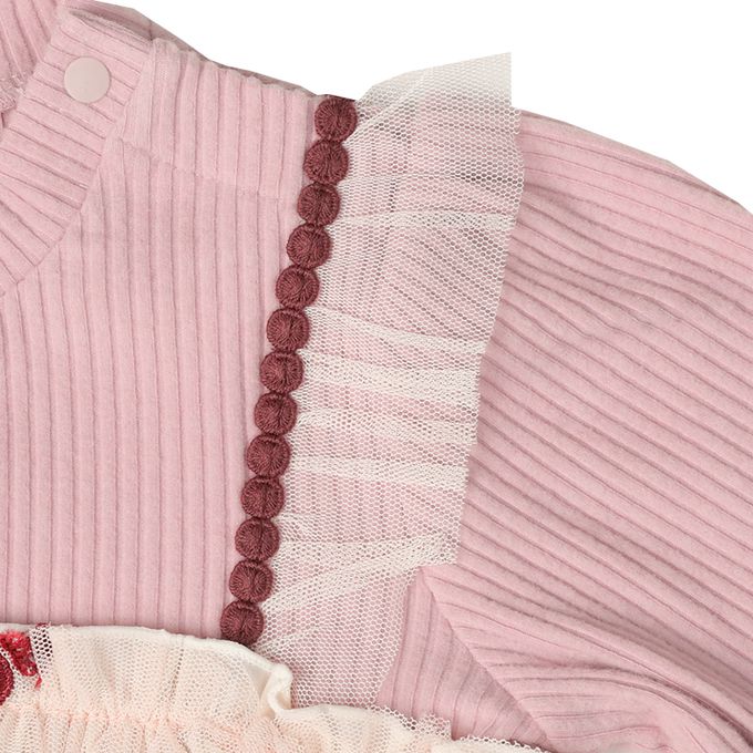 akachan honpo - 長袖假兩件休閒上衣-刺繍-粉紅色