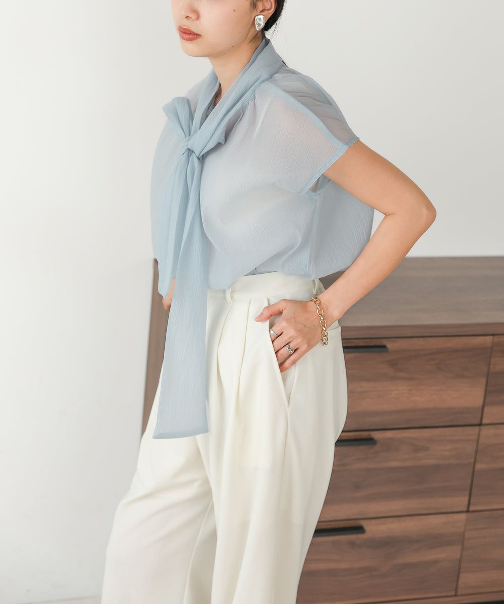 日本 Bab - 歐根紗紐結法式袖上衣-白