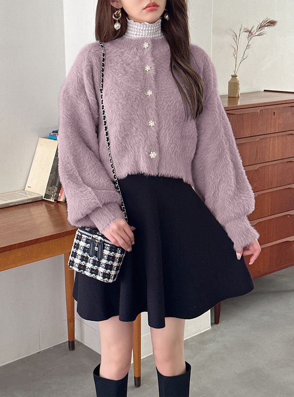 日本 GRL - 花朵珍珠釦毛絨外套-奶茶灰 (F)