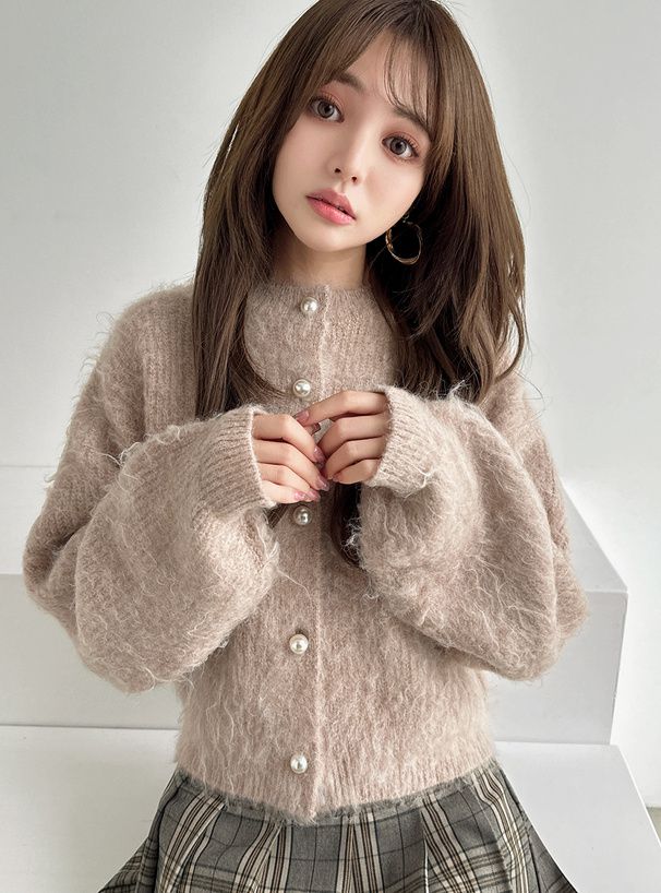 日本 GRL - 羊毛混溫柔珍珠釦針織外套-奶茶棕 (F)