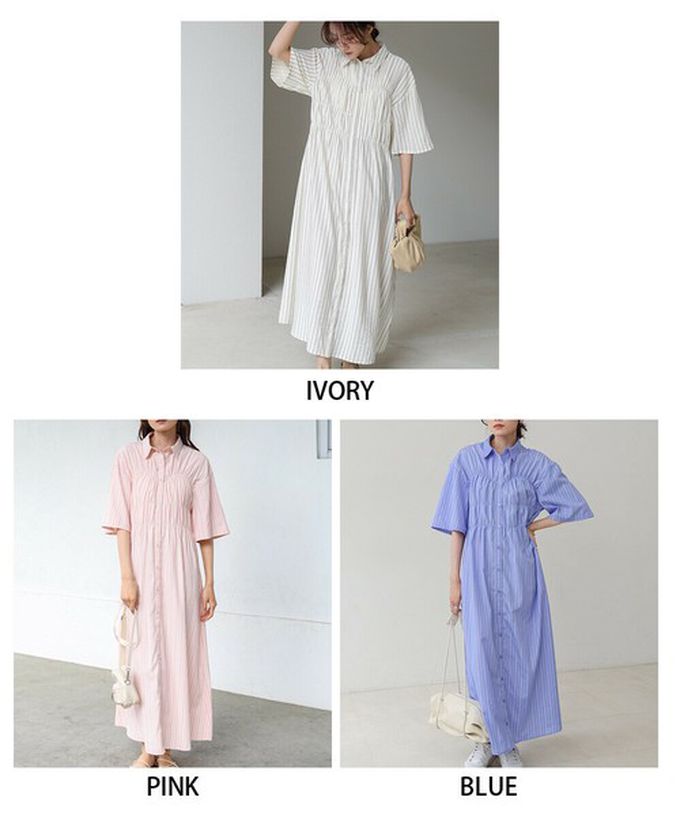 日本 Bab - 時尚抓皺襯衫式五分袖洋裝-條紋-粉紅