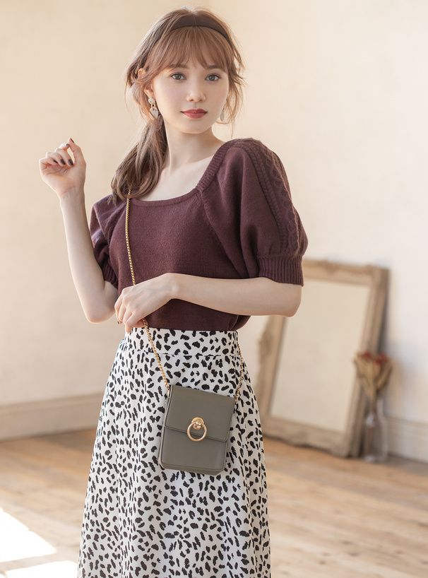 日本 GRL - 美背蝴蝶結麻花泡泡短袖針織上衣-氣質杏 (F)