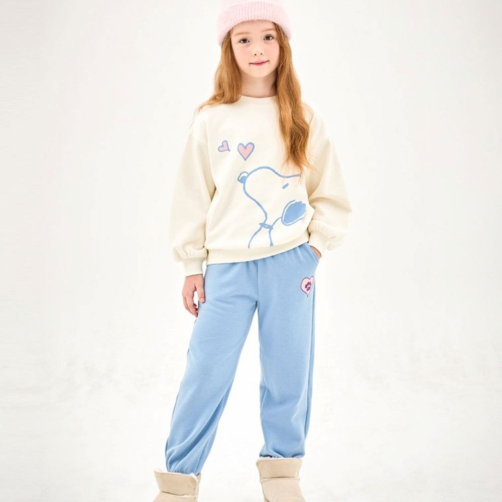 (聯名款)愛心卡通人物史努比內刷毛長袖套裝-米白X天藍