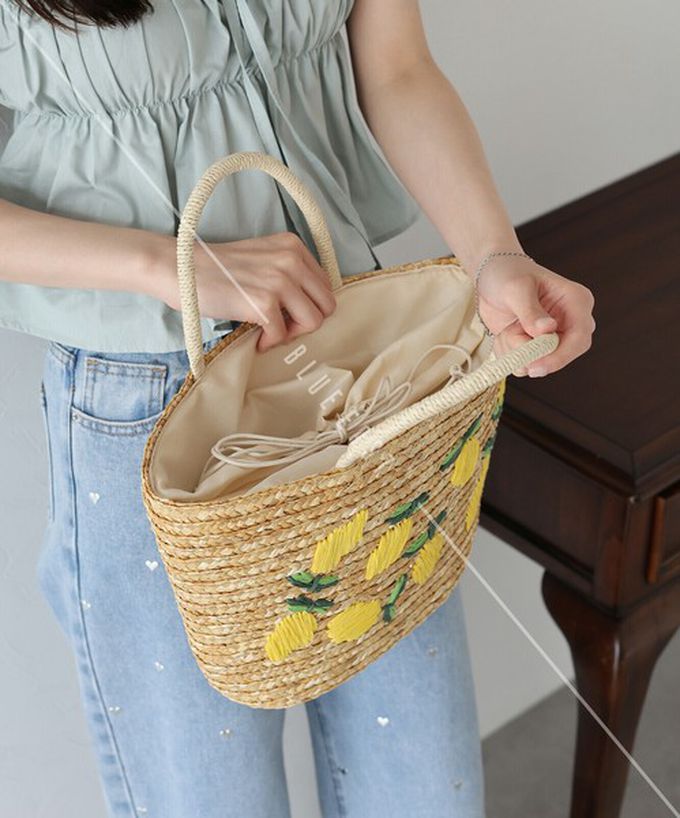 日本 BLUE EAST - 可愛水果刺繡夏日草編手提包-櫻桃