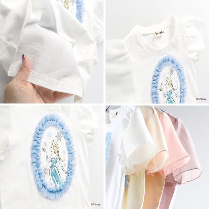 日本 BRANSHES - 迪士尼限定 夢幻雪紡短袖上衣-卡通人物艾莎-白