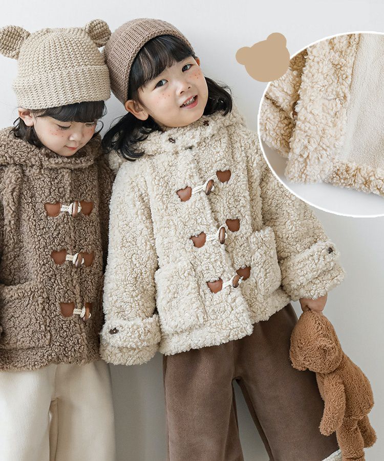 TONGMO - 立體造型羊羔絨牛角釦連帽外套-熊耳朵-米色