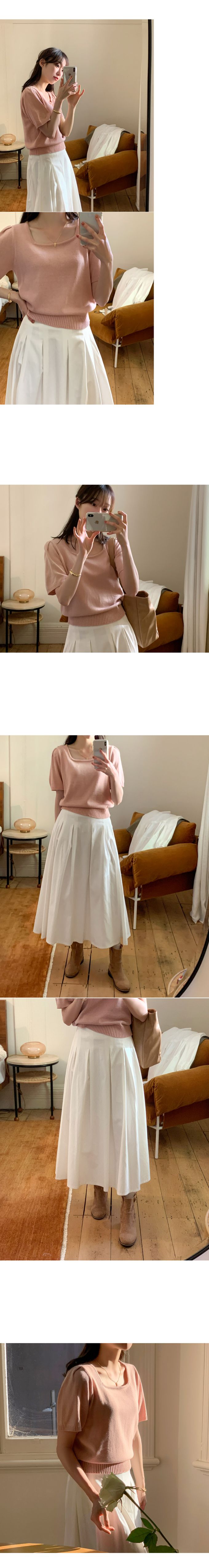 韓國 98doci - 氣質方領針織短袖上衣-淡粉