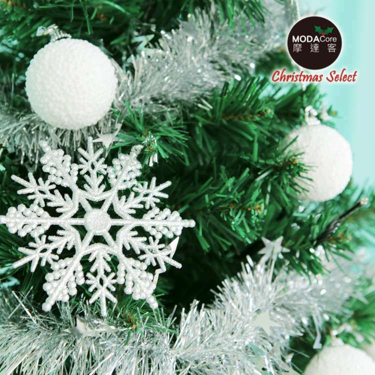 MODACore 摩達客 - 摩達客耶誕-台灣製6尺(180cm)高級豪華版綠聖誕樹+冰雪銀白系飾品組+100燈LED燈暖白光2串(附IC控制器)本島免運費