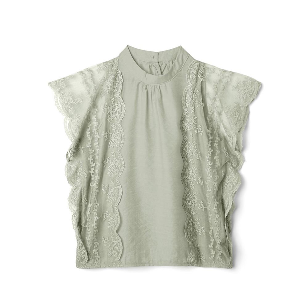 日本 GRL - 氣質透膚蕾絲拼接2分袖上衣-莫蘭迪綠