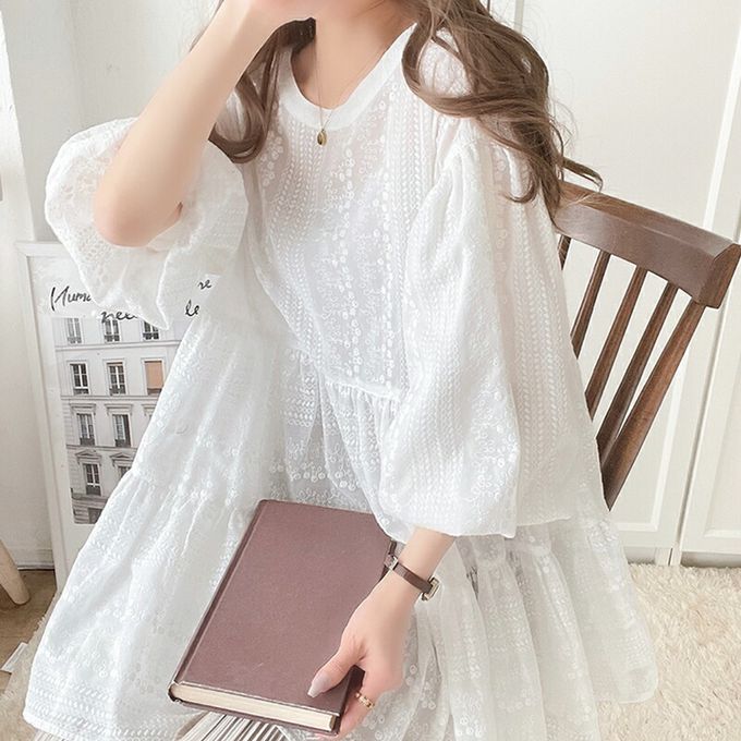 日本 Classical Elf - 3WAY刺繡雕花廓形短袖襯衫-白