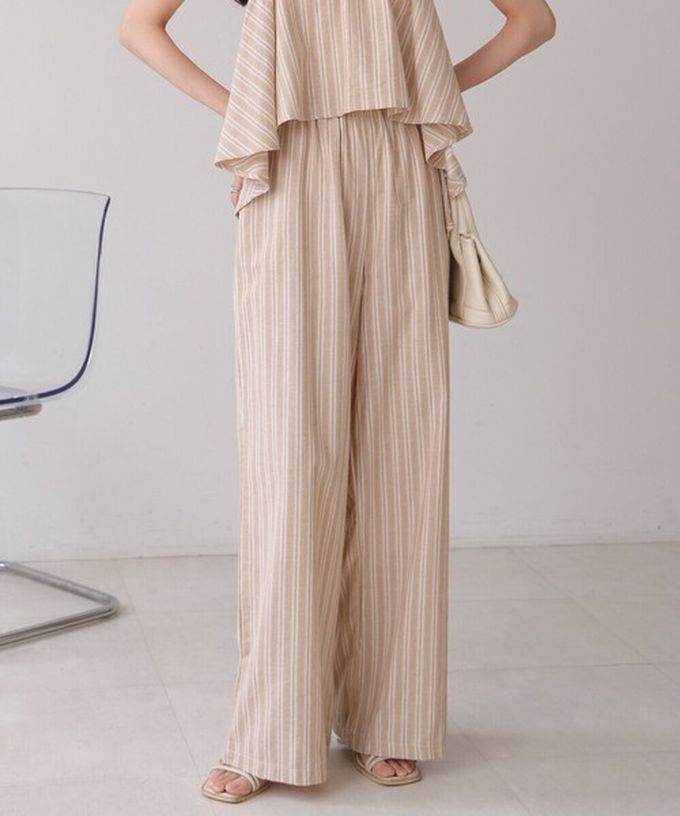 日本 Bab - 簡潔舒適混棉細肩帶長褲套裝-條紋-卡其杏 (M)
