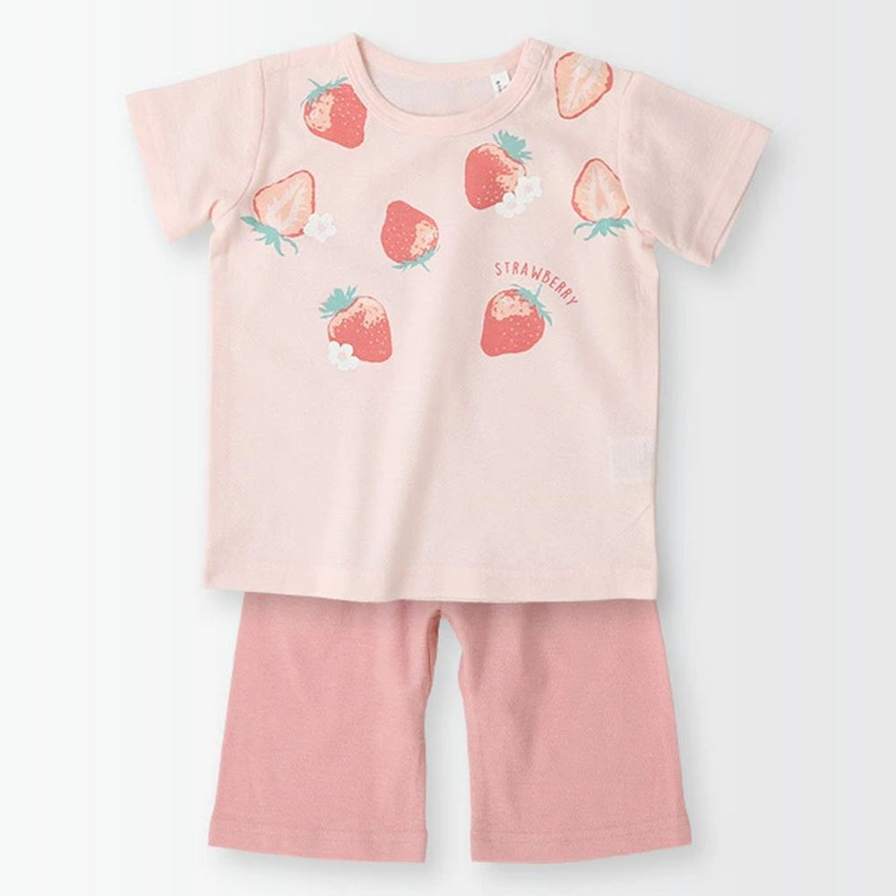 日本 ZOOLAND - 涼感 100%棉腹卷家居服(短袖+七分褲)-草莓-粉紅