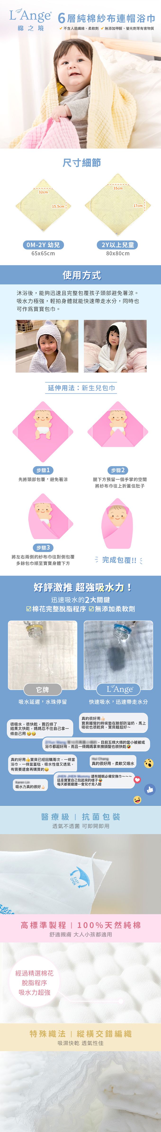 L'ange - 棉之境 6層紗布連帽浴巾 80cmx80cm-藍色