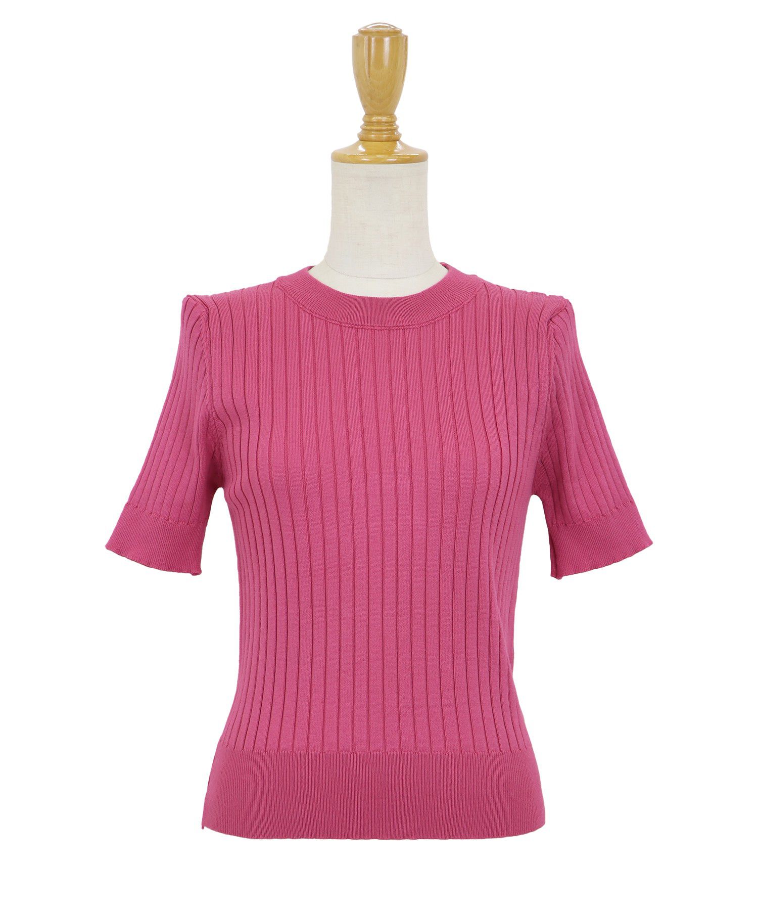 日本 BLUE EAST - 彈性寬羅紋薄針織短袖上衣-淺粉x白