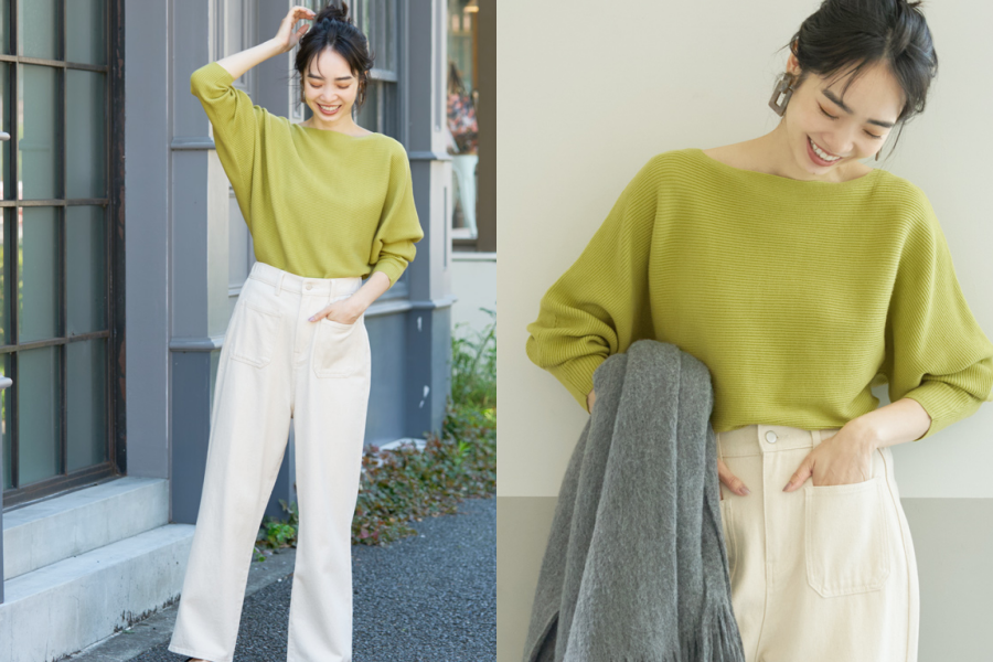 日本 COCA - 顯瘦船型領針織長袖上衣-深藍