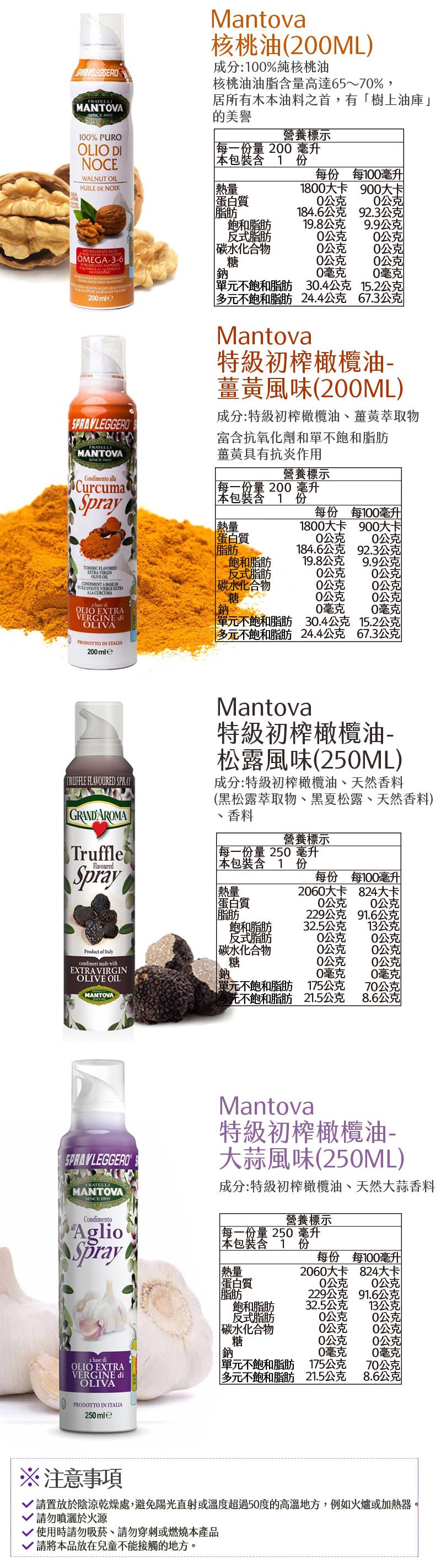 義大利Mantova曼托瓦 - 含運組- 噴噴油3入組-核桃油200ml+亞麻籽油200ml+松露風味橄欖油(2021/04/29)250ml