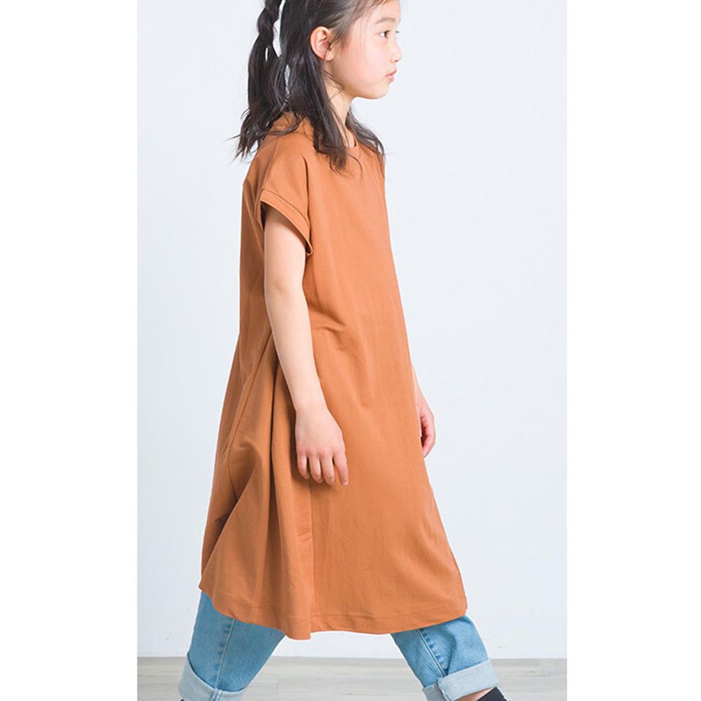 日本 OMNES - 接觸涼感 嫘縈混透氣短袖洋裝-焦糖橘