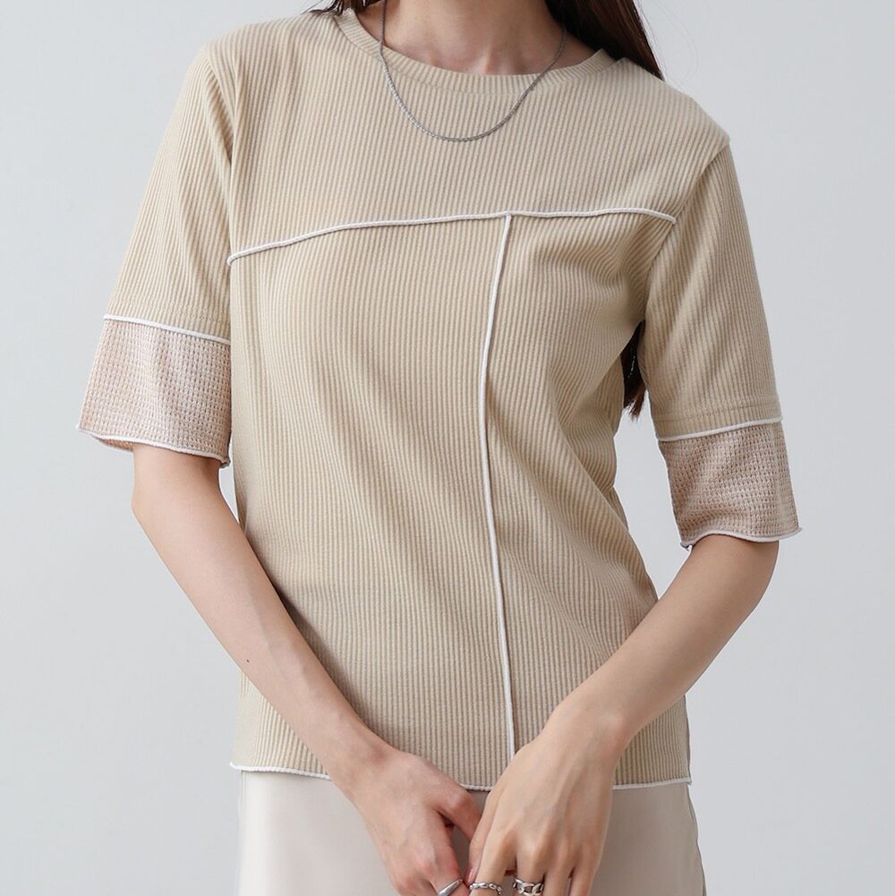 柔美線條羅紋異材質短袖上衣-卡其 (M)