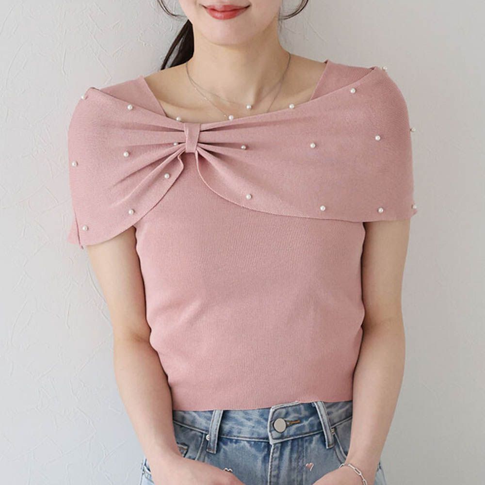 浪漫珍珠蝴蝶結領針織短袖上衣-粉紅 (M)