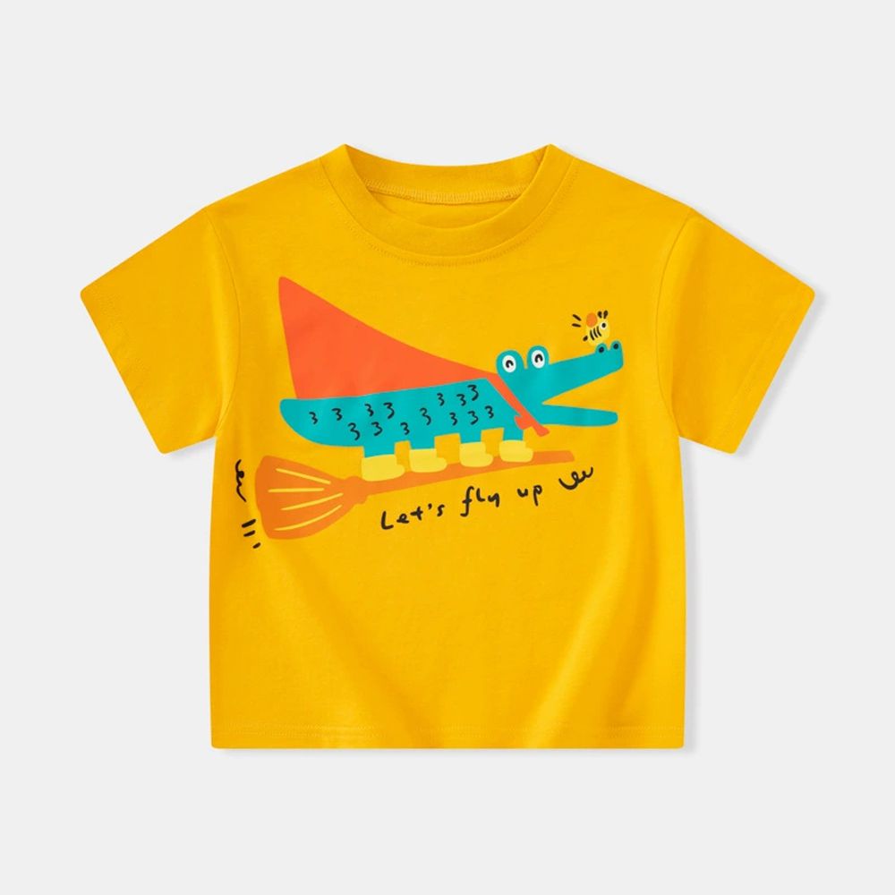 純棉短袖上衣-掃帚小鱷魚-薑黃