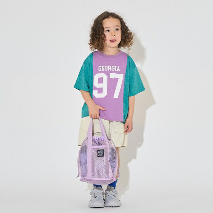 日本 b-ROOM - 透氣網眼數字印花T恤-水藍x灰藍